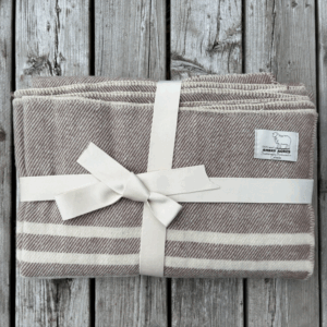 Taupe and natural white stripes. Wool blanket made from our sheep's wool